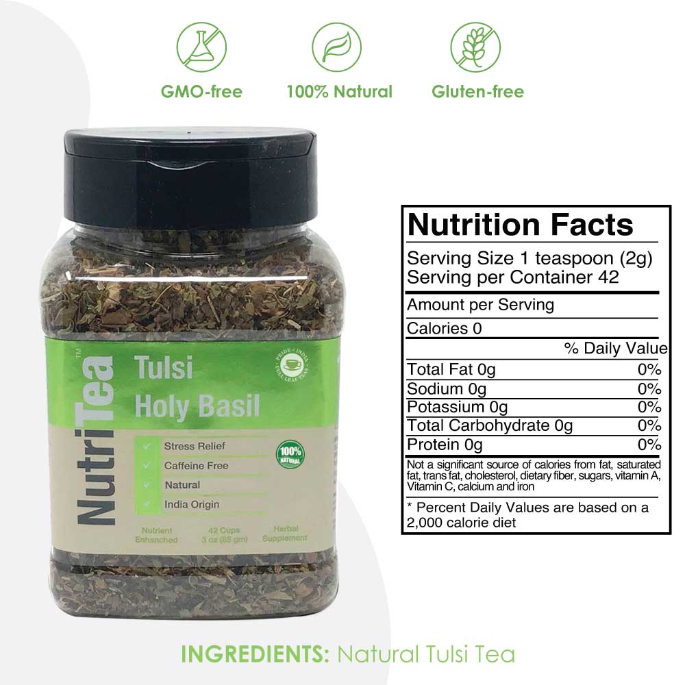 NUTRITEA Natural Tulsi Holy Basil Herbal Full Leaf Tea Caffeine Free